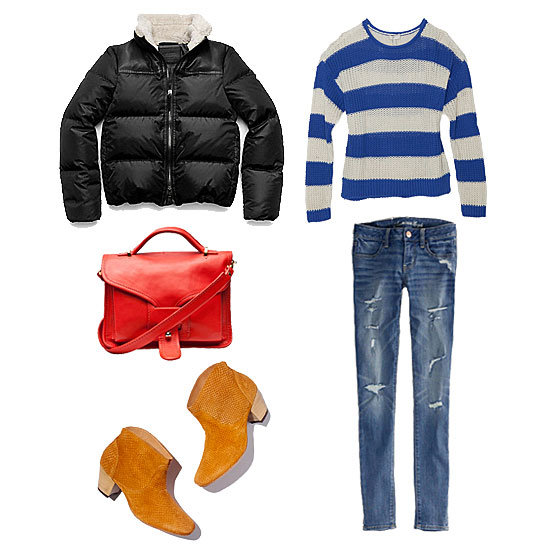 Bundling up doesn't mean you have to forgo your classic sense of style. Choose a puffer, like this one from Coach, with a traditional, seasonal feel (thanks to its shearling collar and basic silhouette). As for the rest, don your favorite jeans, a bright striped sweater, and quintessential ankle boots; add a contrasting carryall, and you've got the perfect everyday ensemble.
Get the look:
Coach Legacy Down Puffer ($348)
Joie Striped Rollneck Loose Knit Sweater ($268)
American Eagle Jegging ($50)
Opening Ceremony OC LA Small Satchel ($695)
H by Hudson TM Embossed Booties ($285)
Bundling up doesn't mean you have to forgo your classic sense of style. Choose a puffer, like this one from Coach, with a traditional, seasonal feel (thanks to its shearling collar and basic silhouette). As for the rest, don your favorite jeans, a bright striped sweater, and quintessential ankle boots; add a contrasting carryall, and you've got the perfect everyday ensemble.
Get the look:
Coach Legacy Down Puffer ($348)
Joie Striped Rollneck Loose Knit Sweater ($268)
American Eagle Jegging ($50)
Opening Ceremony OC LA Small Satchel ($695)
H by Hudson TM Embossed Booties ($285)