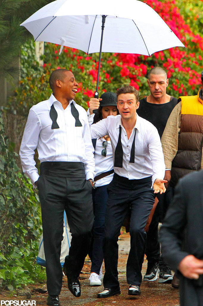 Jay-Z and Justin Timberlake suited up to film "Suit & Tie" in LA. Jay-Z and Justin Timberlake suited up to film "Suit & Tie" in LA.