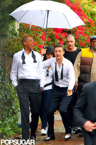 Justin Timberlake and Jay-Z shared a laugh on set.
Justin Timberlake and Jay-Z shared a laugh on set.