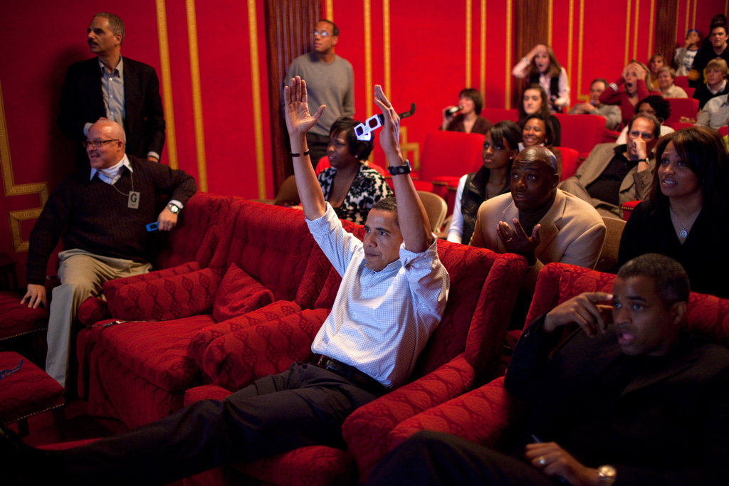 President Barack Obama celebrated a touchdown while watching the 2009 Super Bowl in the White House family theater.
President Barack Obama celebrated a touchdown while watching the 2009 Super Bowl in the White House family theater.