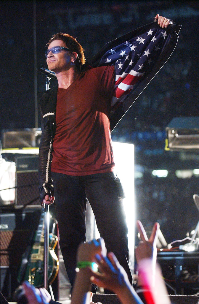 U2's Bono showed off his patriotic jacket at the Super Bowl halftime show at the Superdome in 2002.
U2's Bono showed off his patriotic jacket at the Super Bowl halftime show at the Superdome in 2002.