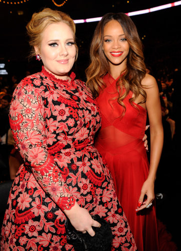 Rihanna and Adele coordinated in bright red.
Rihanna and Adele coordinated in bright red.