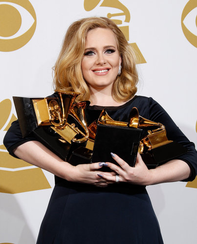Adele held on to her Grammy awards in the press room during the 2012 show.
Adele held on to her Grammy awards in the press room during the 2012 show.