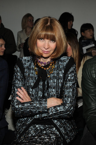 Donning a polished printed suit and a bevy of colorful necklaces, Anna Wintour was ready to critique the Creatures of the Wind collection.
Donning a polished printed suit and a bevy of colorful necklaces, Anna Wintour was ready to critique the Creatures of the Wind collection.