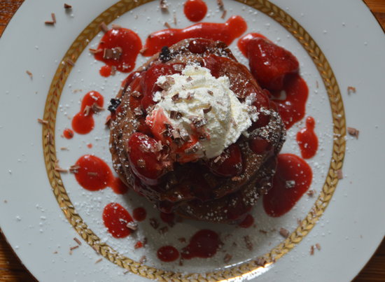 Double Chocolate Pancakes with Strawberry Syrup