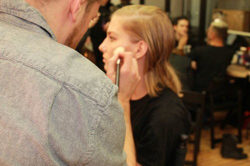 "Rebecca's collection is quite strong and definitely more tough than usual," lead MAC makeup artist Sil Bruinsma said. To coincide with this strength, he went for a more structured, sharp makeup look that focused on shading.
"Rebecca's collection is quite strong and definitely more tough than usual," lead MAC makeup artist Sil Bruinsma said. To coincide with this strength, he went for a more structured, sharp makeup look that focused on shading.