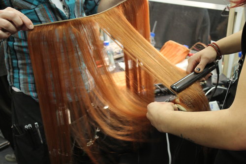 The hair pieces that were to adorn the models' hair were dyed to match model Irina Kravchenko's fiery red locks.
The hair pieces that were to adorn the models' hair were dyed to match model Irina Kravchenko's fiery red locks.