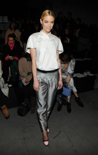 Jaime King posed at Prabal Gurung in silver metallic trousers, a short-sleeved collared blouse, and neon-infused cap-toe pumps.
Jaime King posed at Prabal Gurung in silver metallic trousers, a short-sleeved collared blouse, and neon-infused cap-toe pumps.