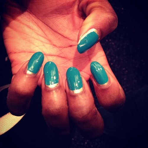 A close-up of the blue two-tone nails by Sally Hansen at Tracy Reese.
A close-up of the blue two-tone nails by Sally Hansen at Tracy Reese.