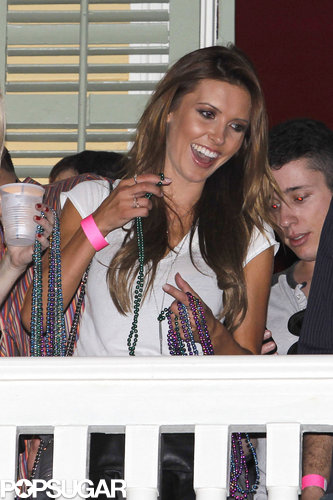 Audrina Patridge tossed handfuls of beads off a bar balcony in New Orleans during Super Bowl weekend 2013 in preparation for Mardi Gras.
Audrina Patridge tossed handfuls of beads off a bar balcony in New Orleans during Super Bowl weekend 2013 in preparation for Mardi Gras.