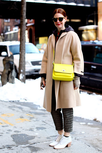 Prints and a high-wattage hue on Christene Barberich's bag played with — but didn't upstage — her classic pieces, like a great camel coat and a pair of oxfords.
Prints and a high-wattage hue on Christene Barberich's bag played with — but didn't upstage — her classic pieces, like a great camel coat and a pair of oxfords.