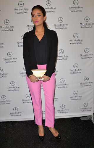 Shay Mitchell offset a bright pair of tuxedo-pink trousers with casual black separates at the Diane von Furstenberg Fall '13 show.
Shay Mitchell offset a bright pair of tuxedo-pink trousers with casual black separates at the Diane von Furstenberg Fall '13 show.