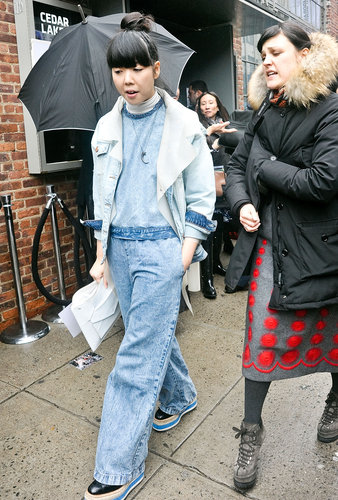 Susie Bubble showed off a faded denim jumpsuit and coordinating creepers.
Susie Bubble showed off a faded denim jumpsuit and coordinating creepers.
