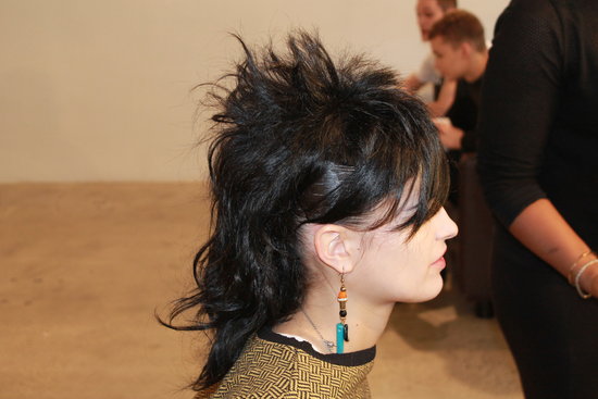 The hair was an undercut/fauxhawk hybrid that grabbed inspiration from the punk and goth elements of Jeremy's collection.
The hair was an undercut/fauxhawk hybrid that grabbed inspiration from the punk and goth elements of Jeremy's collection.