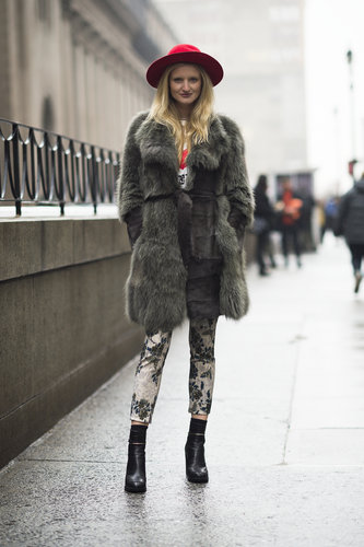 A begging-to-be-touched fur in a subtle gray hue added luxe to printed pants and a fedora.
A begging-to-be-touched fur in a subtle gray hue added luxe to printed pants and a fedora.