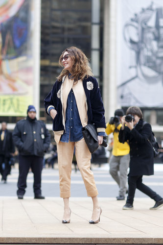 Note how her denim broke up the minimalist suiting and a velvet varsity jacket added ample personality.
Note how her denim broke up the minimalist suiting and a velvet varsity jacket added ample personality.