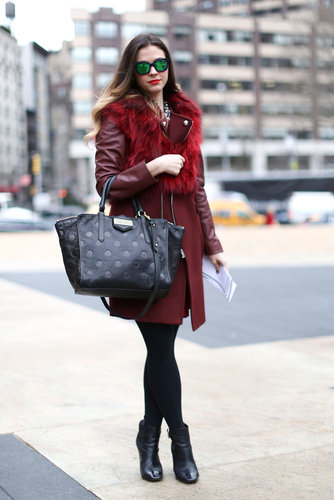 Mirrored shades had a very cool effect when paired opposite this burgundy Zara coat.
Mirrored shades had a very cool effect when paired opposite this burgundy Zara coat.