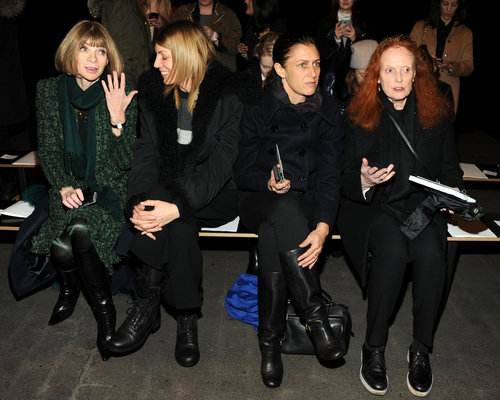 Front-row favorites: Anna Wintour, Virginia Smith, Sally Singer, and Grace Coddington donned lots of layers while chatting before the Rag & Bone show.
Front-row favorites: Anna Wintour, Virginia Smith, Sally Singer, and Grace Coddington donned lots of layers while chatting before the Rag & Bone show.