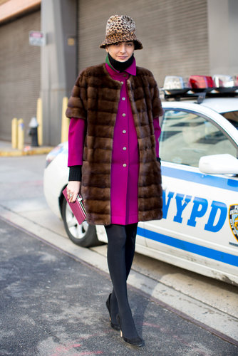 Giovanna Battaglia layered up her bright, ladylike outerwear with a luxe fur.
Giovanna Battaglia layered up her bright, ladylike outerwear with a luxe fur.