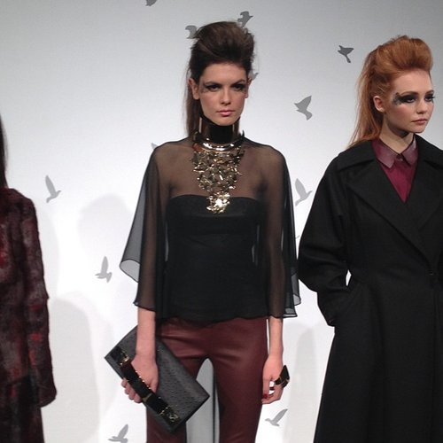 Sheer tops paired with gold statement jewelry offered up edgier styling.
Sheer tops paired with gold statement jewelry offered up edgier styling.