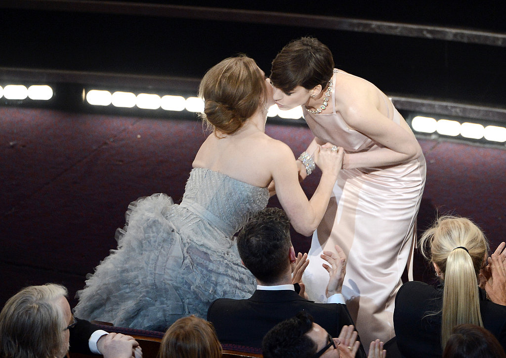 Anne Hathaway and Amy Adams hugged.
Anne Hathaway and Amy Adams hugged.