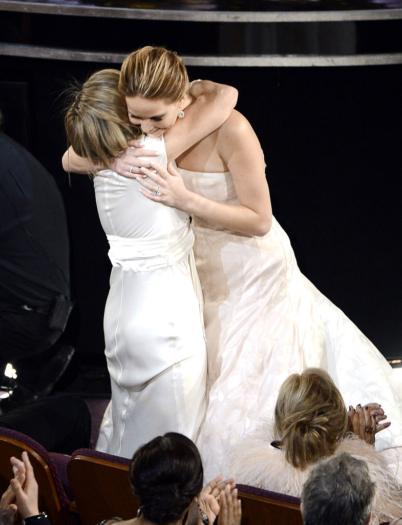 Jennifer Lawrence got a hug from her mom, Karen Lawrence, after winning best actress.
Jennifer Lawrence got a hug from her mom, Karen Lawrence, after winning best actress.