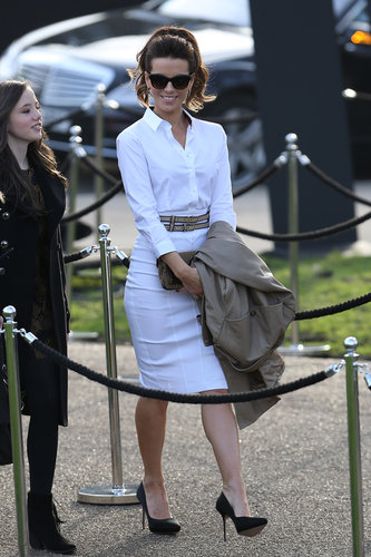 Kate Beckinsale wore all white when she arrived at the Burberry Prorsum fashion show on Monday.
Kate Beckinsale wore all white when she arrived at the Burberry Prorsum fashion show on Monday.