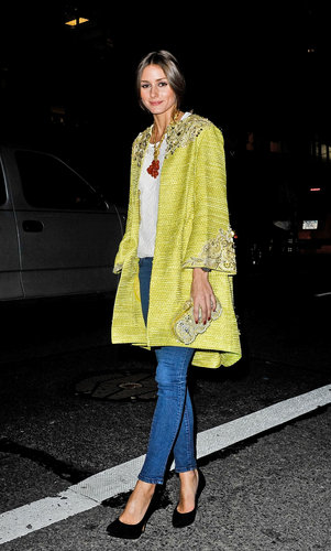 Spotted: Olivia embodying Spring warmth in an embellished yellow Marchesa coat, white brocade blouse, and statement necklace at the brand's show at NYFW.
Spotted: Olivia embodying Spring warmth in an embellished yellow Marchesa coat, white brocade blouse, and statement necklace at the brand's show at NYFW.