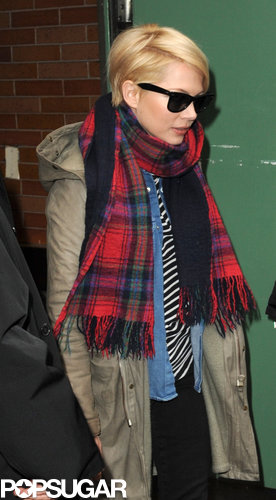 Michelle Williams wore a plaid scarf and green jacket in NYC.
Michelle Williams wore a plaid scarf and green jacket in NYC.