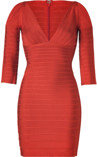 Hervé Léger Red Clay V-Neck Bandage Dress
