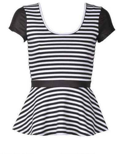 Stripe Leather Peplum Short-Sleeve