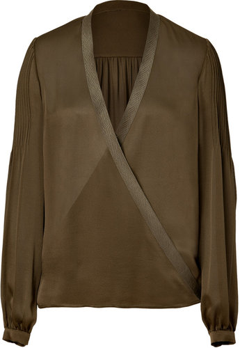 Salvatore Ferragamo Olive Sheer Silk Wrap Top