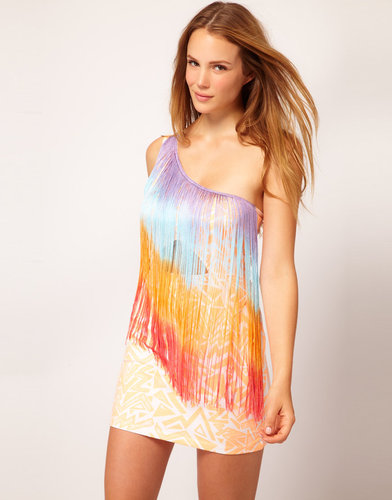 River Island One Shoulder Fringed Aztec Print Dress