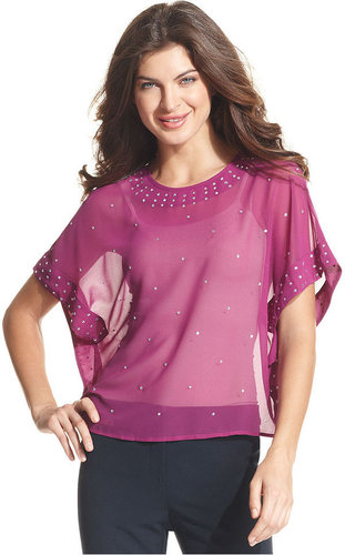 Ellen Tracy Top, Batwing-Sleeve Studded Sheer