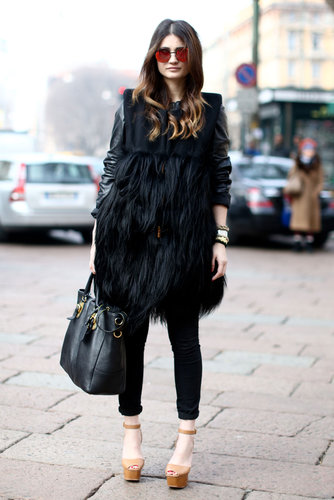 Layers of fur met leather and mirrored shades for an edgier effect.
Layers of fur met leather and mirrored shades for an edgier effect.