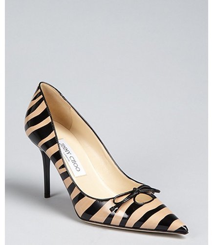 Jimmy Choo tan and black zebra stripe patent leather pointed toe heels