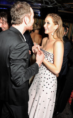 Jennifer Lawrence chatted with Michael Fassbender during a post-BAFTAs party.
Jennifer Lawrence chatted with Michael Fassbender during a post-BAFTAs party.