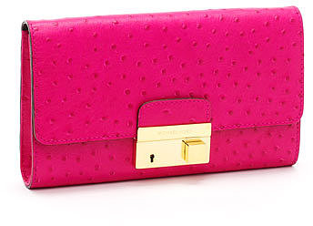 Michael Kors  Gia Ostrich-Embossed Leather Clutch, Neon Pink