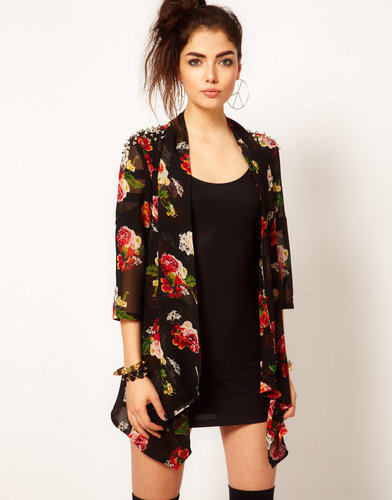 Reverse Floral Chiffon Stud Shoulder Kimono