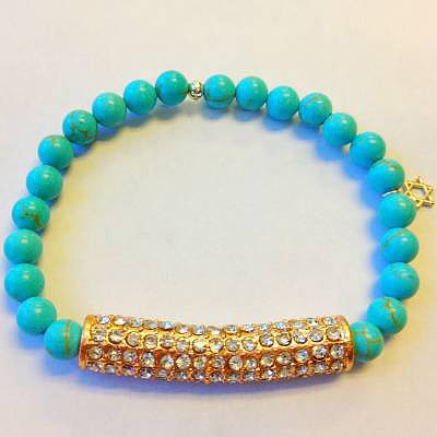 Elastic turquoise beads with rose gold crystal bar bracelet and small star of david charm