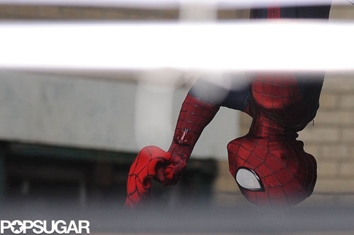 Andrew Garfield hung upside down on set.
Andrew Garfield hung upside down on set.