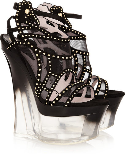 Versace Studded suede and mesh platform sandals