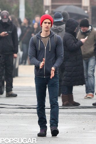 Andrew Garfield tried to stay warm on the set.
Andrew Garfield tried to stay warm on the set.