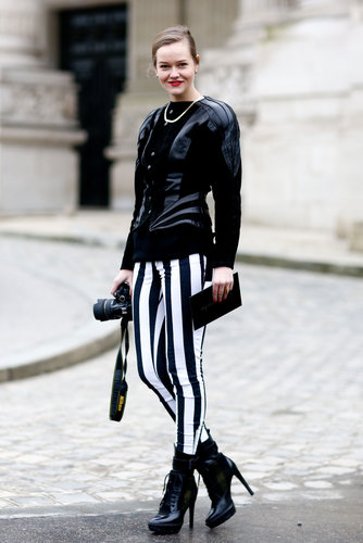 Bold stripes on bottom got a street-sensible twist with tough-girl ankle boots and a leather top.
Bold stripes on bottom got a street-sensible twist with tough-girl ankle boots and a leather top.
