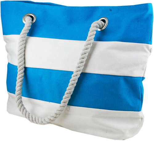Azure Sky Aquamarine and White Striped Beach Bag