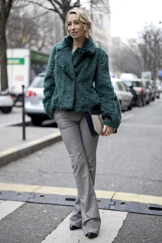 We love the way the soft-green hues played off this attendee's flared gray trousers.
We love the way the soft-green hues played off this attendee's flared gray trousers.