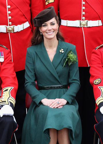 Kate Middleton sat pretty at a St. Patrick's Day event with Irish Guards in Aldershot, England, in March 2012.
Kate Middleton sat pretty at a St. Patrick's Day event with Irish Guards in Aldershot, England, in March 2012.