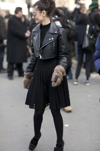 It was all about the cropped moto jacket and furry gloves.
It was all about the cropped moto jacket and furry gloves.