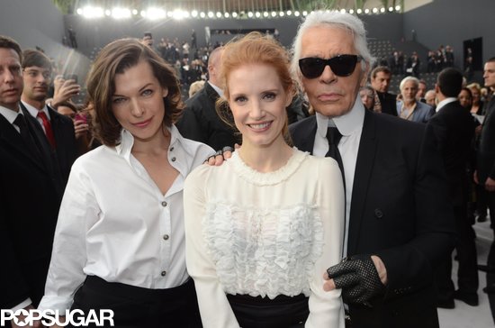Milla Jovovich, Jessica Chastain, and Karl Lagerfeld joined up at the Chanel fashion show in Paris in March.
Milla Jovovich, Jessica Chastain, and Karl Lagerfeld joined up at the Chanel fashion show in Paris in March.