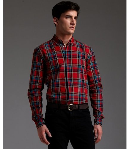 Marc by Marc Jacobs ruby red tartan plaid cotton 'Charlie' button down collar shirt